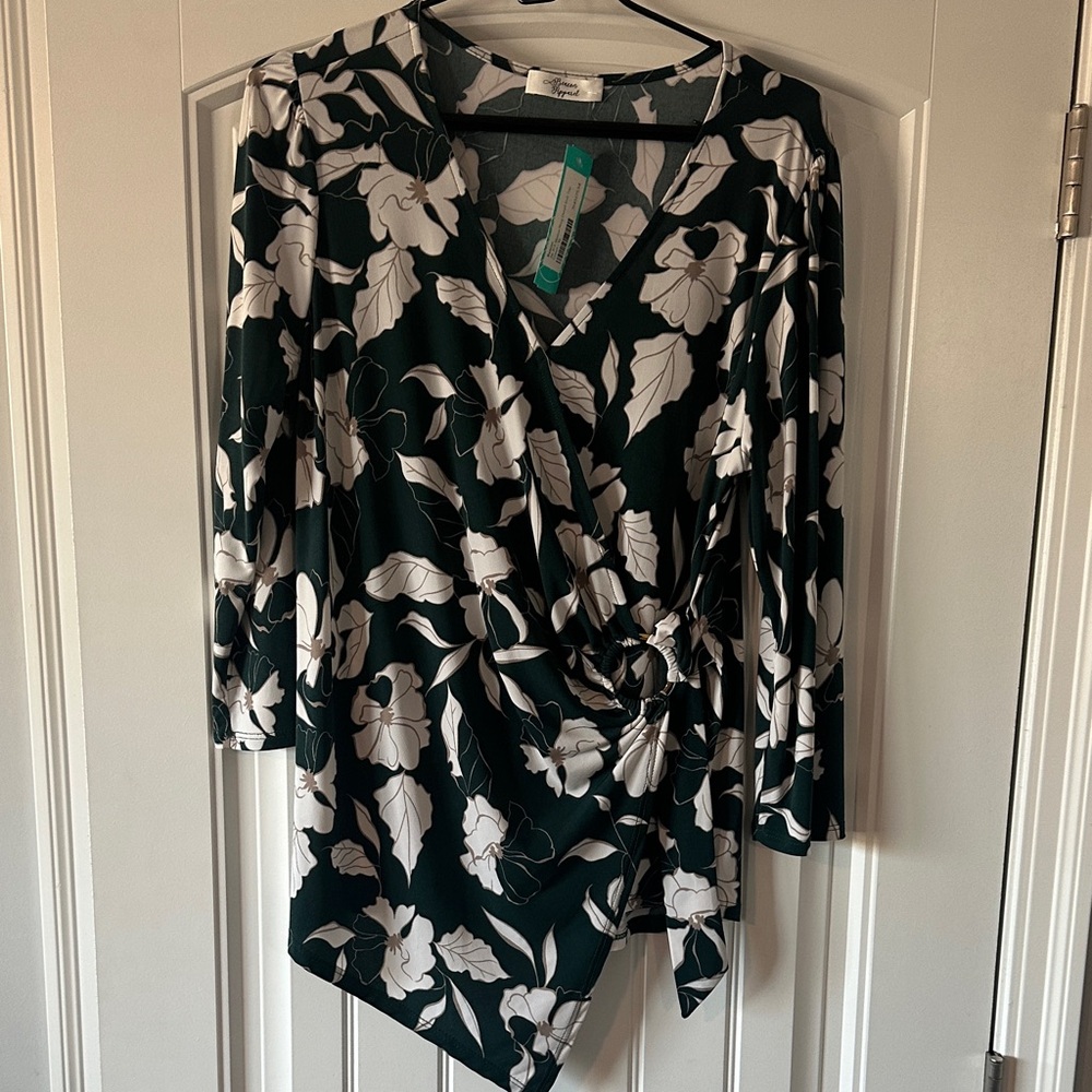 Beacon Green and White Floral Wrap Blouse